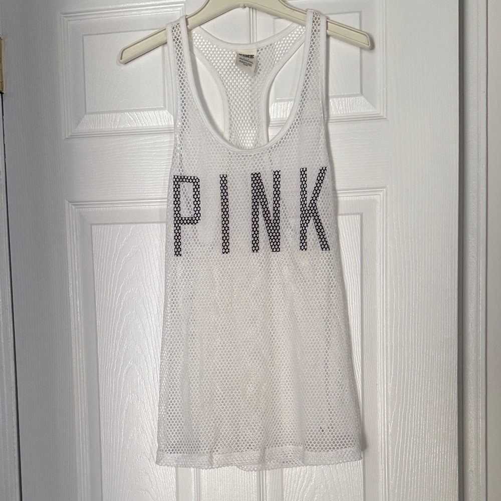PINK Victoria's Secret White Mesh Racerback Tank with Black Logo